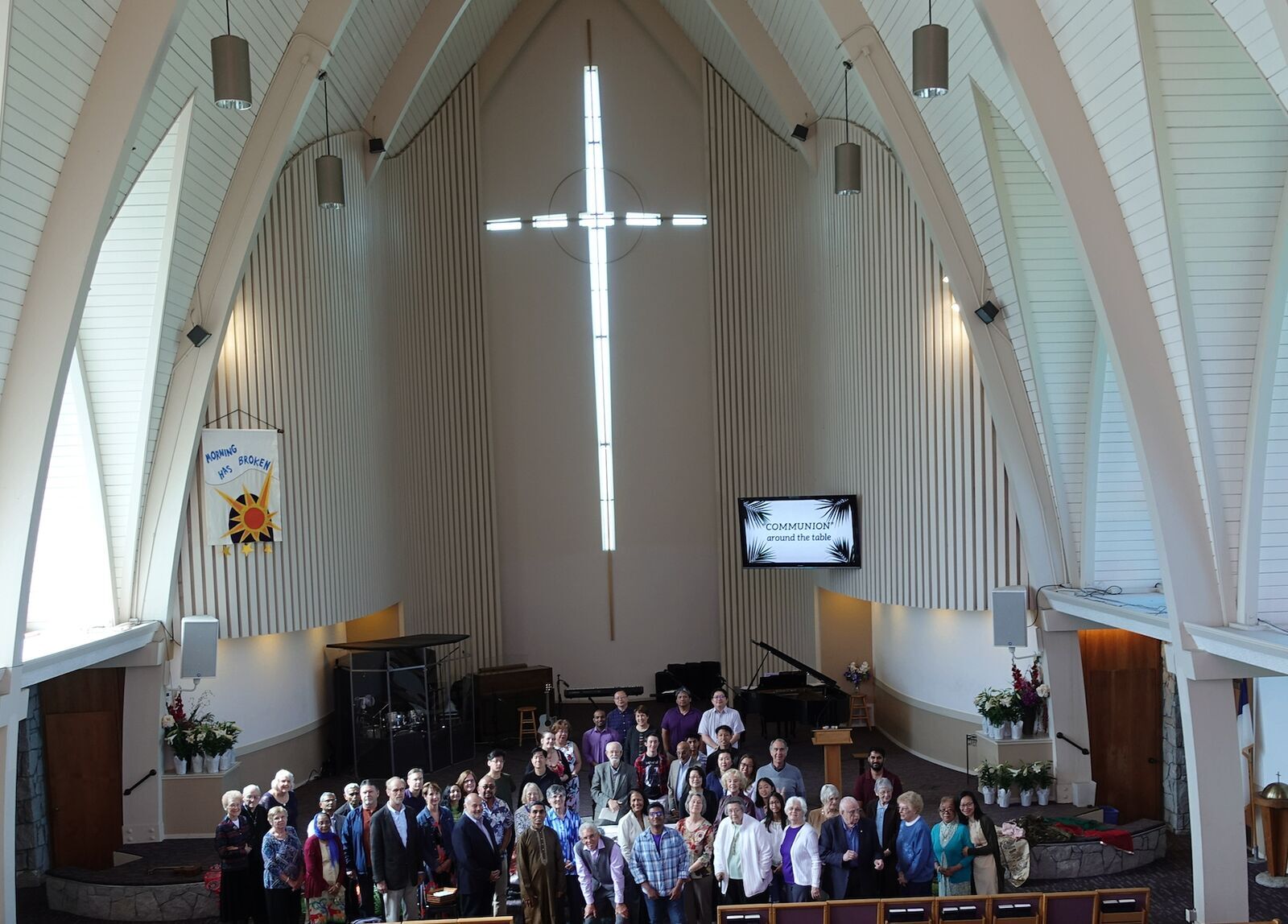 Irvington Presbyterian Church congregation in the A-frame sanctuary